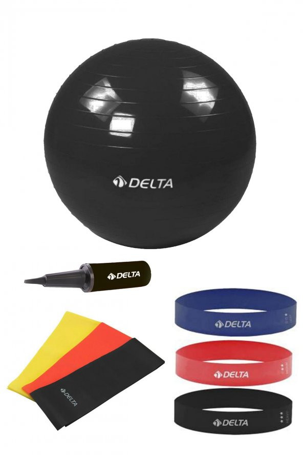 Delta 75 cm Pilates Topu 3lü Pilates Bandı 3lü Squat Bandı Direnç Lastiği Şişirme Pompası Seti - 1