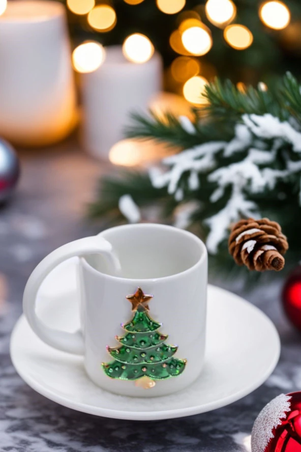 2li El Yapımı Yılbaşı Ağacı Motifli Lüks Seramik Kahve Bardağı & Fincan Seti - Resim 2