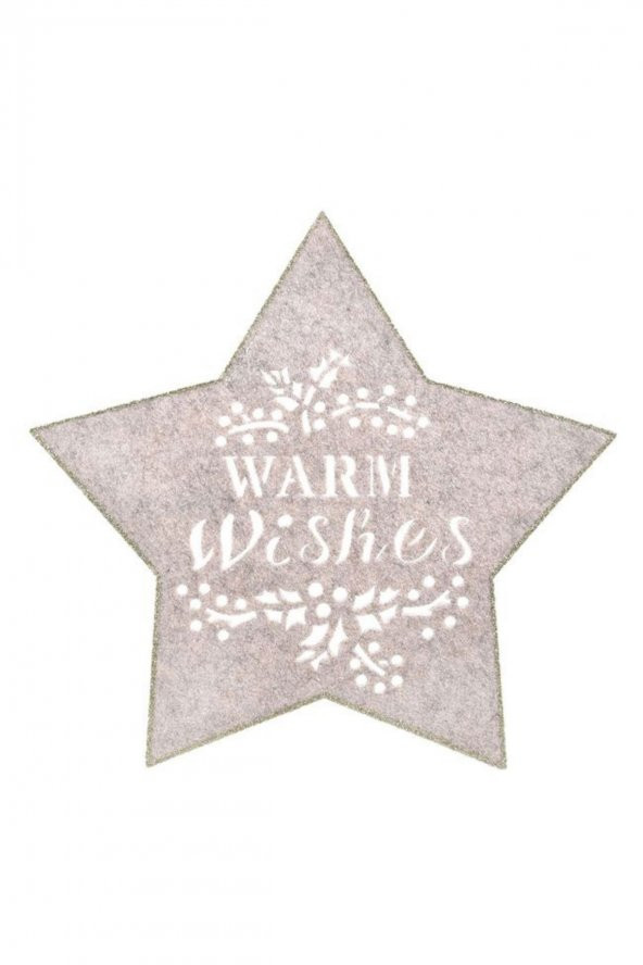 1 Adet Bej Keçeden Yıldız Şeklinde Simli Warm Wishes Yazılı Noel Suplası & Amerikan Servisi 35 cm - 2