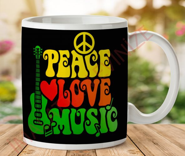 1-364 PEACE LOVE MUSIC İki Tarafı Baskılı Kupa Bardak