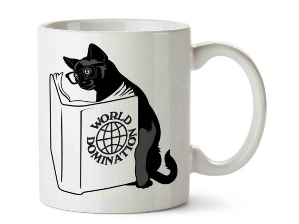 Kitap Okuyan Kedi World Domination İki Tarafı Baskılı Kupa Bardak