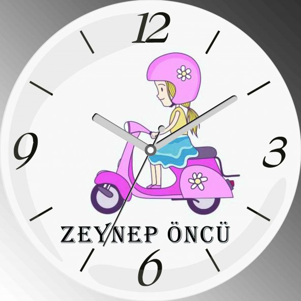 Kişiye Özel Motorbisikletli Kız Çap 30cm  Bombeli Gerçek Cam Duvar Saati