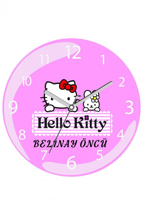 Kişiye Özel İkisi Hello Kitty Çap 30cm  Bombeli Gerçek Cam Duvar Saati