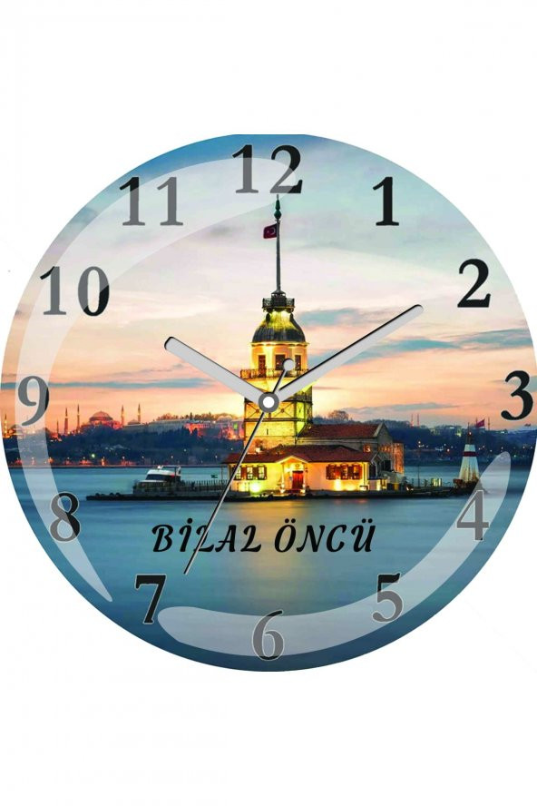 Kişiye Özel İstanbul Kız Kulesi Çap 30cm  Bombeli Gerçek Cam Duvar Saati