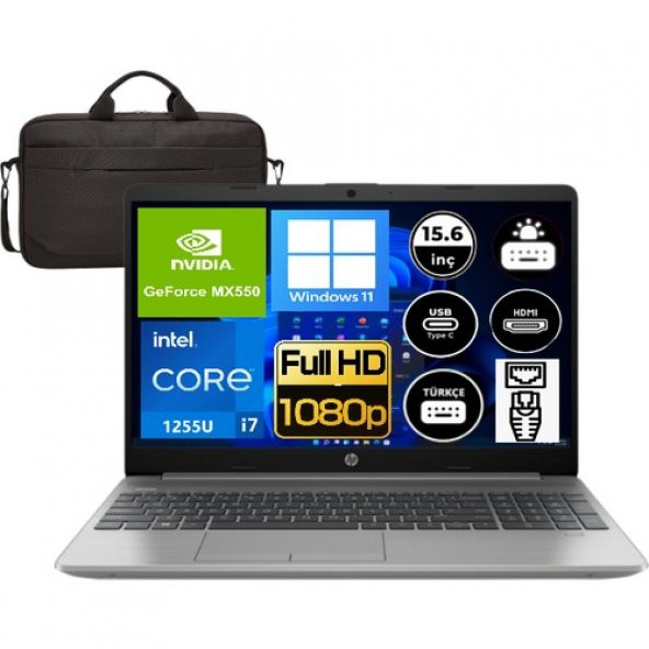 Hp 250 G9 Intel Core Intel Core I7-1255U 8gb 512GB SSD MX550 Windows 11 15.6 Full Hd  Taşınabilir Bilgisayar 723Q1EA Çanta Hediye