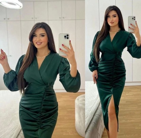 Bella Notte Kadın Kruvaze Yaka Yırtmaç Detay Midi Boy Saten Kumaş Elbise