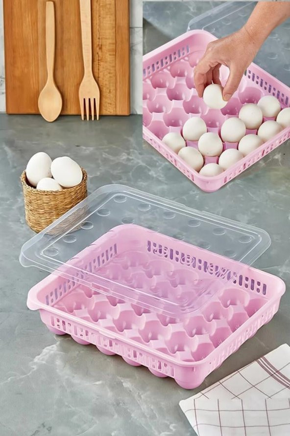 30lu Plastik Kapaklı Yumurta Saklama Kabı Düzenleyici Organizeri Pembe