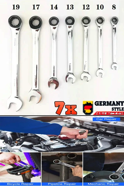 Germany Style 7li Krom Vanadyum Çelik Profesyonel Cırcırlı Kombine Anahtar Seti - 6