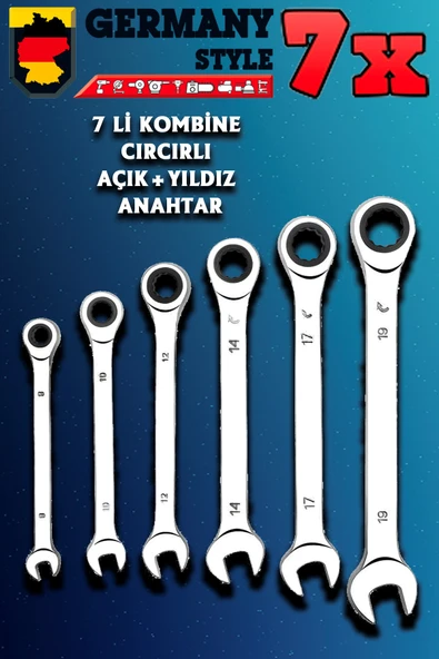 Germany Style 7li Krom Vanadyum Çelik Profesyonel Cırcırlı Kombine Anahtar Seti - 4