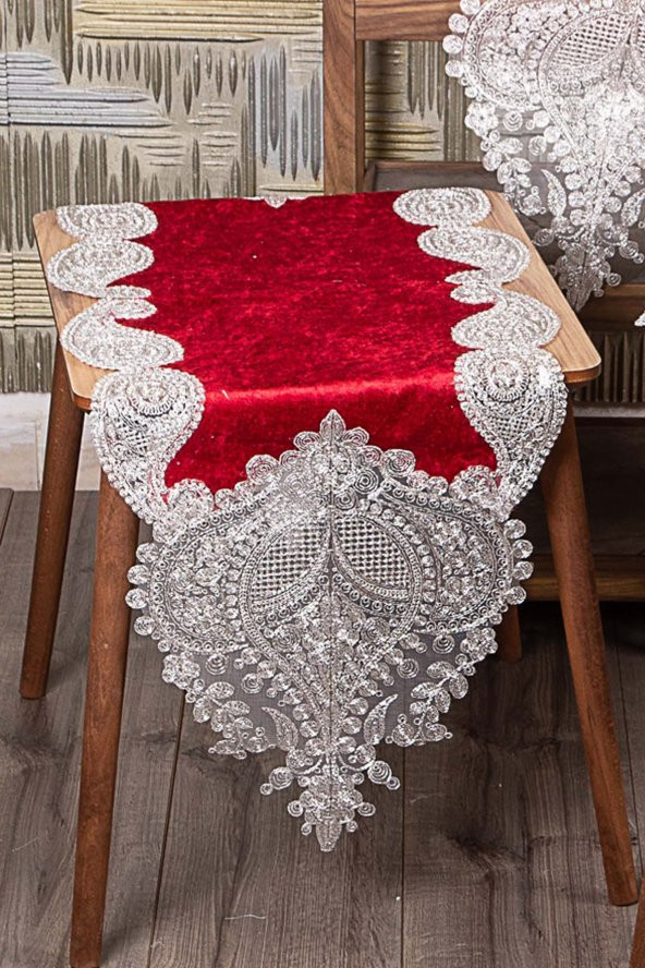 Bonny Home Nurbanu Bordo Kadife Üzeri Gümüş Dantelli 5 Parça Salon Takımı Masa Örtüsü Runner Seti - 2