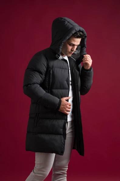 Slimfit Kapşonlu Çıtçıt Ve Fermuar Kapamalı Yan Ve Gögüs Fermuar Cepli Yoğun Elyaf Dolgulu Uzun Mont - 4