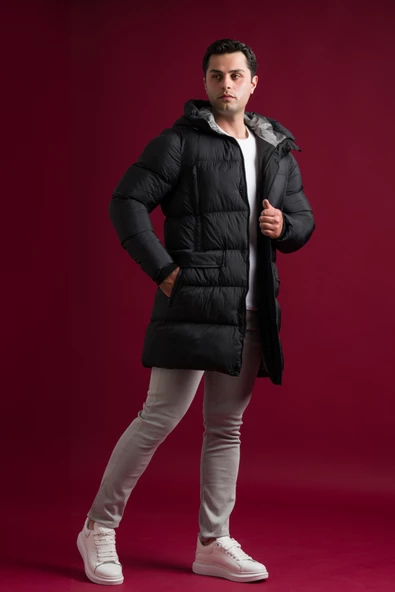 Slimfit Kapşonlu Çıtçıt Ve Fermuar Kapamalı Yan Ve Gögüs Fermuar Cepli Yoğun Elyaf Dolgulu Uzun Mont - 2