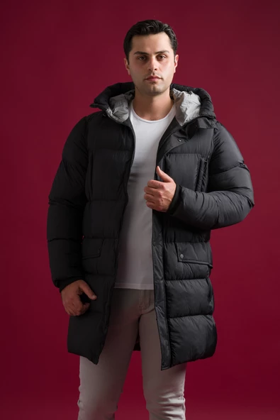 Slimfit Kapşonlu Çıtçıt Ve Fermuar Kapamalı Yan Ve Gögüs Fermuar Cepli Yoğun Elyaf Dolgulu Uzun Mont - 3