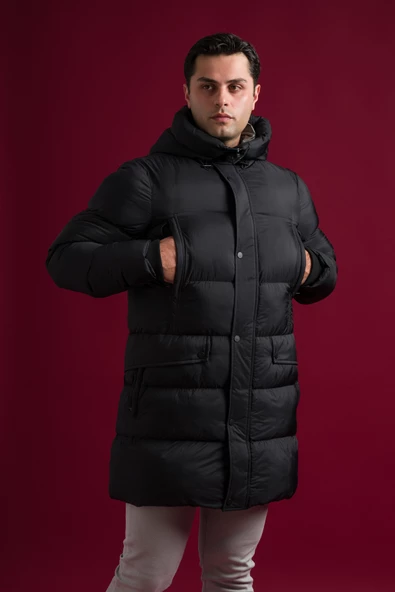 Slimfit Kapşonlu Çıtçıt Ve Fermuar Kapamalı Yan Ve Gögüs Fermuar Cepli Yoğun Elyaf Dolgulu Uzun Mont - 5