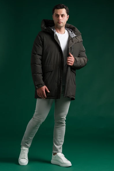 Slimfit Kapşonlu Çıtçıt Ve Fermuar Yan Fermuar Cepli Elyaf Dolgulu Astarlı Erkek Uzun Spor Mont - 8