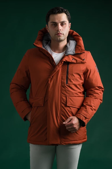 Slimfit Kapşonlu Çıtçıt Ve Fermuar Yan Fermuar Cepli Elyaf Dolgulu Astarlı Erkek Uzun Spor Mont - 5