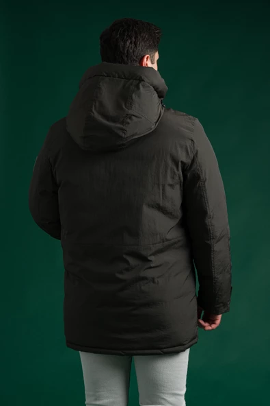 Slimfit Kapşonlu Çıtçıt Ve Fermuar Yan Fermuar Cepli Elyaf Dolgulu Astarlı Erkek Uzun Spor Mont - 12