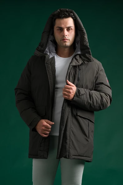 Slimfit Kapşonlu Çıtçıt Ve Fermuar Yan Fermuar Cepli Elyaf Dolgulu Astarlı Erkek Uzun Spor Mont - 9