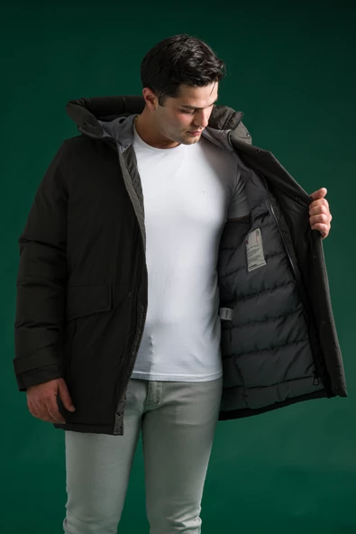 Slimfit Kapşonlu Çıtçıt Ve Fermuar Yan Fermuar Cepli Elyaf Dolgulu Astarlı Erkek Uzun Spor Mont - 10