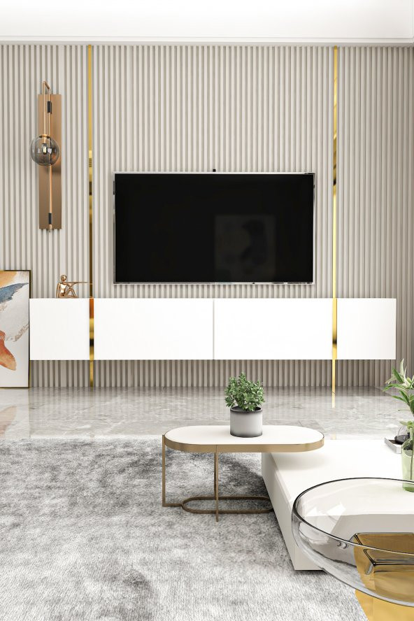 Givayo Mobilya Su Tv Ünitesi Beyaz Altın 150 Cm Duvara Monte Ayaklı Kullanım
