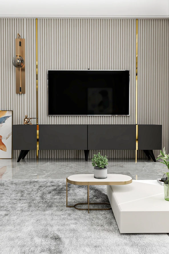 Givayo Mobilya Su Tv Ünitesi Antrasit Altın 150 Cm Duvara Monte Ayaklı Kullanım - Resim 3