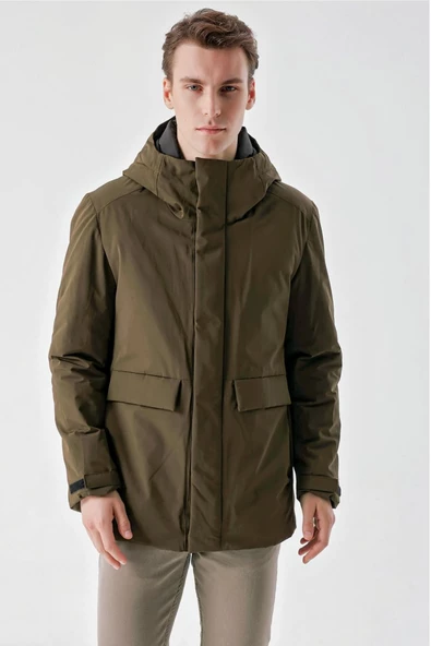 Slimfit Kapşonlu Çıtçıt Ve Fermuar Kapamalı Kapak Cepli Elyaf Dolgulu Astarlı Yan Cepli Uzun Mont - 11