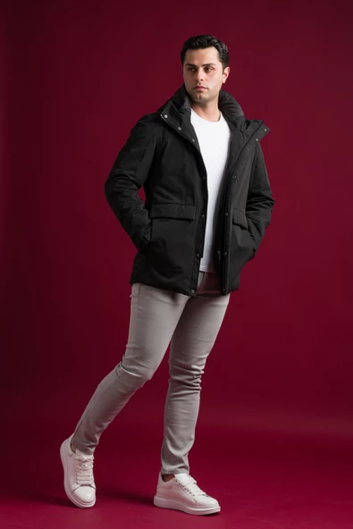 Slimfit Kapşonlu Çıtçıt Ve Fermuar Kapamalı Kapak Cepli Elyaf Dolgulu Astarlı Yan Cepli Uzun Mont