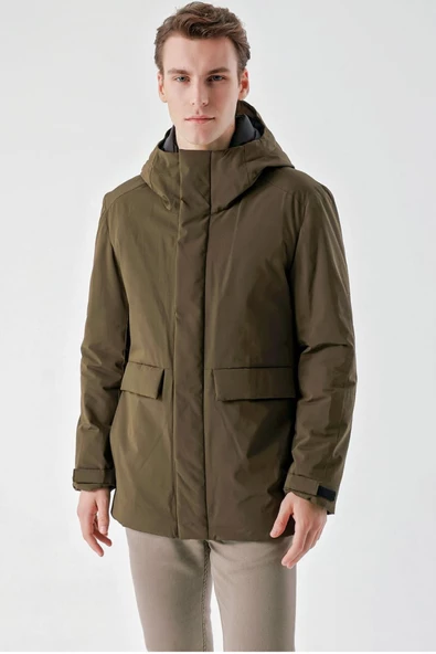 Slimfit Kapşonlu Çıtçıt Ve Fermuar Kapamalı Kapak Cepli Elyaf Dolgulu Astarlı Yan Cepli Uzun Mont - 10