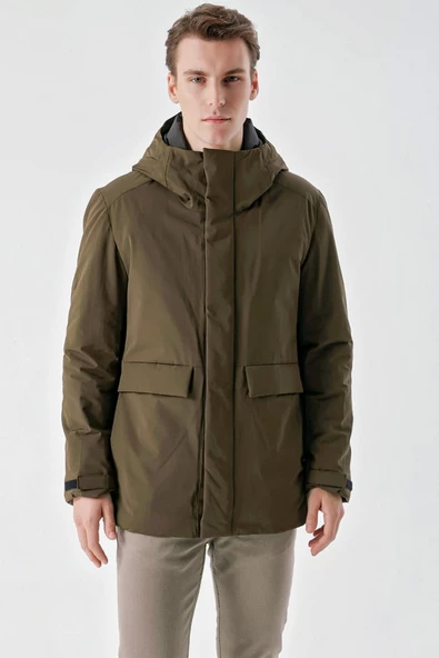 Slimfit Kapşonlu Çıtçıt Ve Fermuar Kapamalı Kapak Cepli Elyaf Dolgulu Astarlı Yan Cepli Uzun Mont - 9