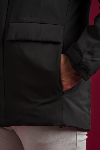 Slimfit Kapşonlu Çıtçıt Ve Fermuar Kapamalı Kapak Cepli Elyaf Dolgulu Astarlı Yan Cepli Uzun Mont - 6