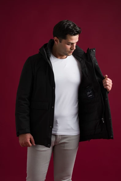 Slimfit Kapşonlu Çıtçıt Ve Fermuar Kapamalı Kapak Cepli Elyaf Dolgulu Astarlı Yan Cepli Uzun Mont - 4