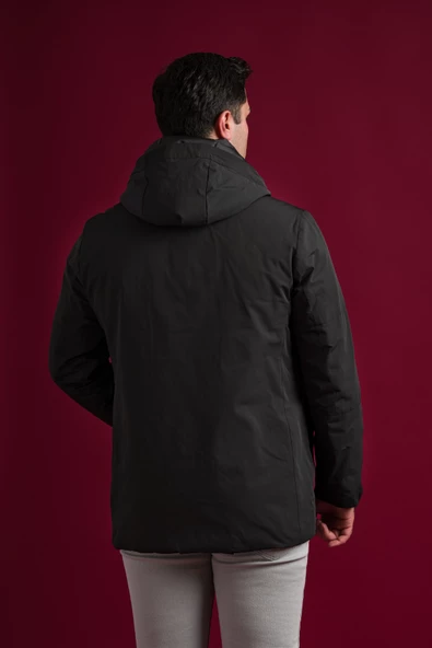 Slimfit Kapşonlu Çıtçıt Ve Fermuar Kapamalı Kapak Cepli Elyaf Dolgulu Astarlı Yan Cepli Uzun Mont - 7