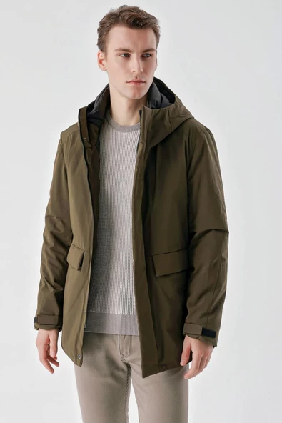 Slimfit Kapşonlu Çıtçıt Ve Fermuar Kapamalı Kapak Cepli Elyaf Dolgulu Astarlı Yan Cepli Uzun Mont - 12