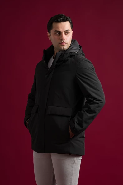 Slimfit Kapşonlu Çıtçıt Ve Fermuar Kapamalı Kapak Cepli Elyaf Dolgulu Astarlı Yan Cepli Uzun Mont - 2