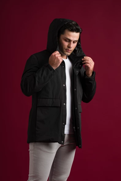 Slimfit Kapşonlu Çıtçıt Ve Fermuar Kapamalı Kapak Cepli Elyaf Dolgulu Astarlı Yan Cepli Uzun Mont - 3