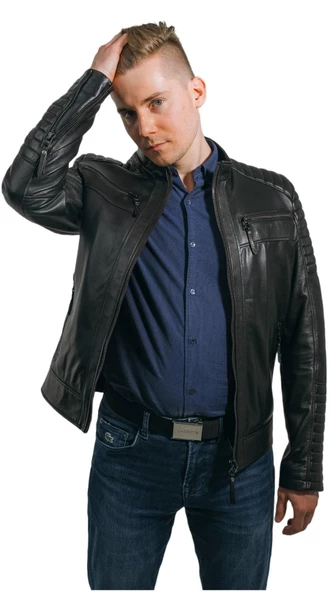 Siyah Hakiki Deri Mont Büyük Beden Erkek Ceket Spor Model Brad Siyah 9XL - 6