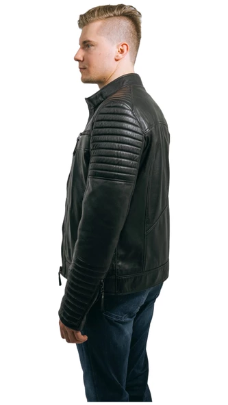Siyah Hakiki Deri Mont Büyük Beden Erkek Ceket Spor Model Brad  Siyah 6XL - 4