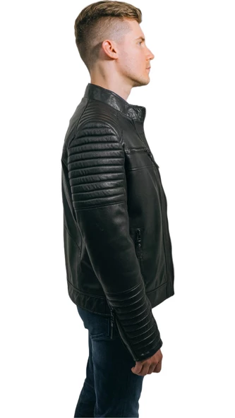 Siyah Hakiki Deri Mont Büyük Beden Erkek Ceket Spor Model Brad Siyah 7XL - 5