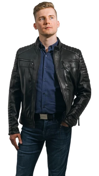 Siyah Hakiki Deri Mont Büyük Beden Erkek Ceket Spor Model Brad  Siyah 5XL - 2