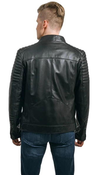 Siyah Hakiki Deri Mont Büyük Beden Erkek Ceket Spor Model Brad Siyah 4XL - 3