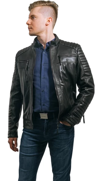 Siyah Hakiki Deri Mont Büyük Beden Erkek Ceket Spor Model Brad Siyah 5XL