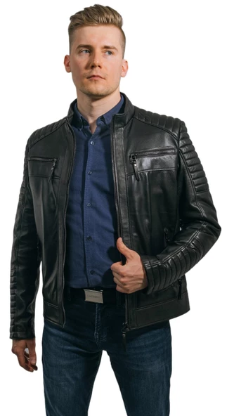 Siyah Hakiki Deri Mont Büyük Beden Erkek Ceket Spor Model Brad Siyah 7XL - 7