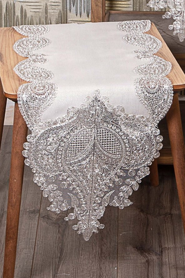 Bonny Home Nurbanu Krem Linen Üzeri Gümüş Dantelli 5 Parça Salon Takımı Masa Örtüsü Runner Seti - 2