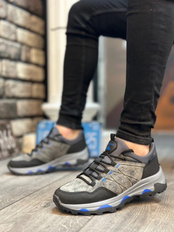 BA0320 Kalın Termo Taban Gri Mavi Erkek Trekking Outdoor Ayakkabı - Resim 4