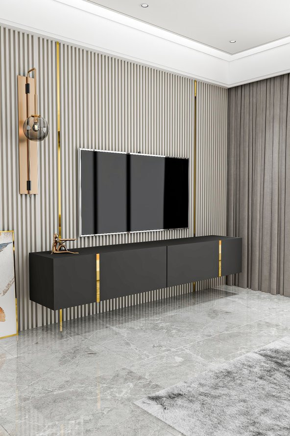 Givayo Mobilya Givayo Su Tv Ünitesi Antrasit Altın 150 Cm Duvara Monte Ayaklı Kullanım