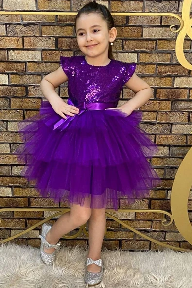 Kız Çocuk Üstü Pulpayet İşlemeli Katkat Mor Abiye - Resim 2