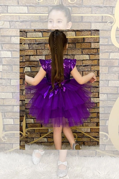 Kız Çocuk Üstü Pulpayet İşlemeli Katkat Mor Abiye - Resim 4