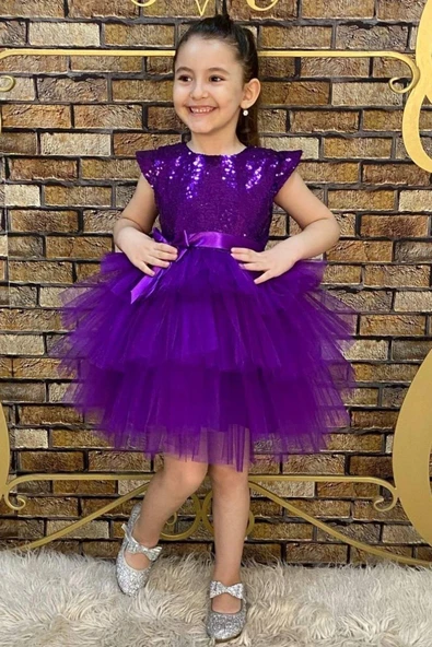 Kız Çocuk Üstü Pulpayet İşlemeli Katkat Mor Abiye ürün görseli