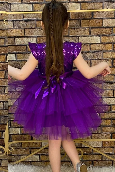 Kız Çocuk Üstü Pulpayet İşlemeli Katkat Mor Abiye - Resim 3