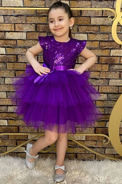 Kız Çocuk Üstü Pulpayet İşlemeli Katkat Mor Abiye - Resim 5